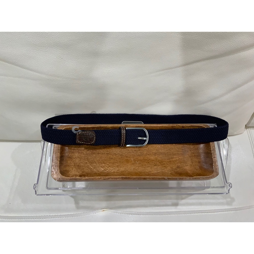 Billybelt‎ Men's Woven Stretch Belt Navy Blue Silver Buckle Leather Trim Casual